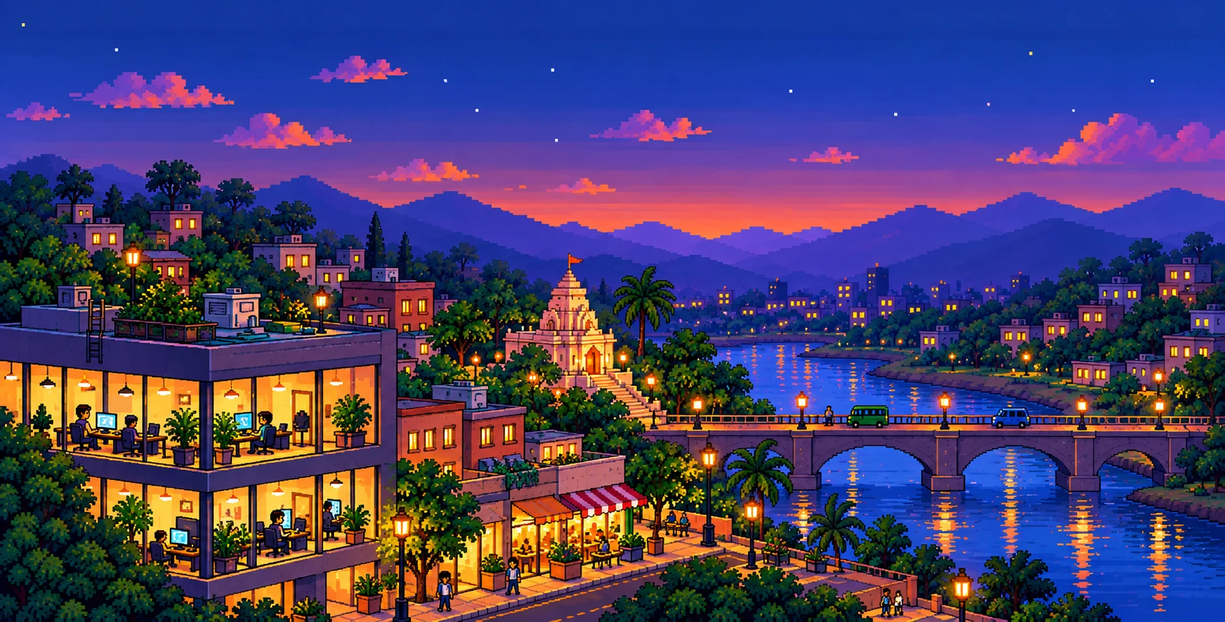 A pixel-art Indian town at dusk: the Vaakyo office glows beside a temple and a lit river bridge